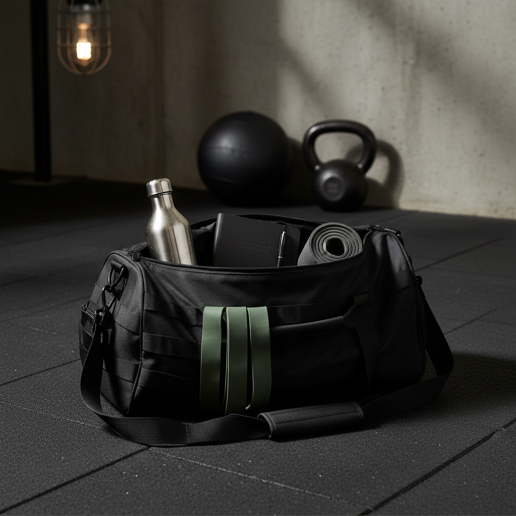 A sturdy, matte-black battle-style duffel bag partially unzipped on a dark rubber gym floor, revealing neatly arranged tools of wellness: a stainless-steel water bottle with condensation, a rolled charcoal-gray yoga mat, a minimalist notebook with a pen, and a pair of resistance bands in muted army green. Behind, a medicine ball and kettlebell sit against a concrete wall, softly out of focus. Overhead industrial lights cast focused, directional light, creating defined shadows and a sense of intensity. Photographic realism from a slightly low angle, emphasizing readiness and resilience. The atmosphere is determined, tactical, and disciplined, visually echoing “battle tested strategies” for health without showing any people.