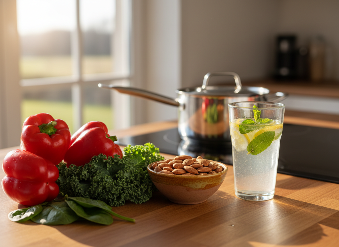 A meticulously organized wooden kitchen counter displaying an array of vibrant whole foods: glossy red peppers, deep-green leafy vegetables, smooth brown almonds in a small ceramic bowl, and a tall clear glass of infused water with floating lemon slices and mint leaves. In the background, a stainless-steel saucepan rests on a modern induction cooktop, slightly blurred. Soft morning sunlight enters from the left, creating crisp highlights on the produce and gentle shadows that add depth. Photographic realism with a clean, modern aesthetic, shot at eye level with a shallow depth of field. The mood is disciplined yet inviting, conveying strategic, intentional healthy living, perfectly suited as a universal hero image for a professional wellness blog.